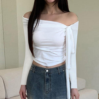 pleated irregular off-shoulder top