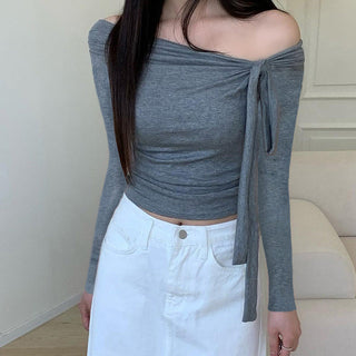 pleated irregular off-shoulder top