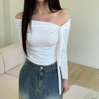 pleated irregular off-shoulder top