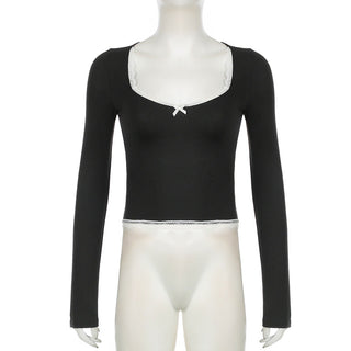 lace bow square collar T-shirt