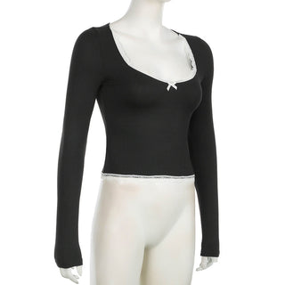 lace bow square collar T-shirt
