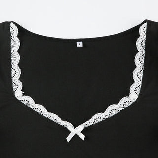 lace bow square collar T-shirt