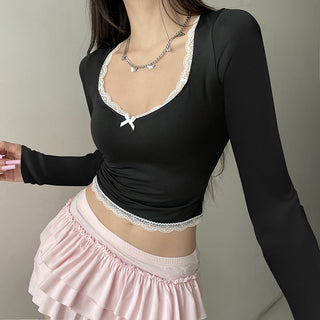 lace bow square collar T-shirt