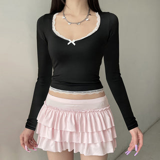 lace bow square collar T-shirt