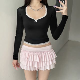 lace bow square collar T-shirt