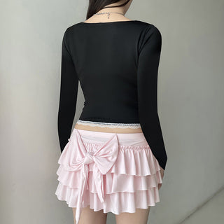 lace bow square collar T-shirt