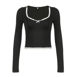 lace bow square collar T-shirt