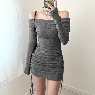 Slimming Drawstring Pleated off-shoulder dress