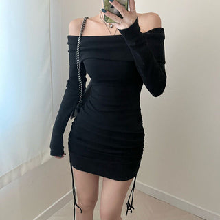 Slimming Drawstring Pleated off-shoulder dress