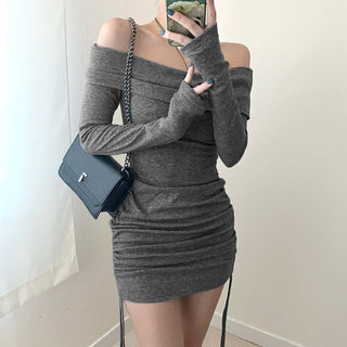 Slimming Drawstring Pleated off-shoulder dress