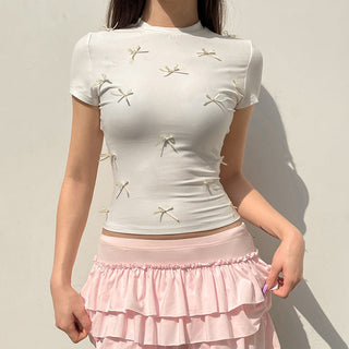 Pearl Bow Round Neck Casual Top