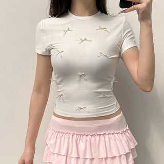 Pearl Bow Round Neck Casual Top
