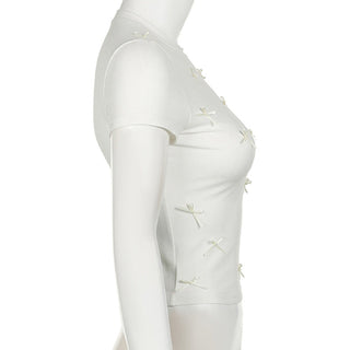 Pearl Bow Round Neck Casual Top