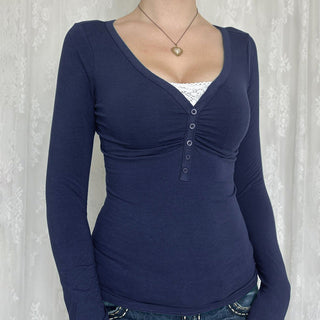 Fake Two-Piece V-Neck Pleated Long Sleeve Top