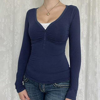 Fake Two-Piece V-Neck Pleated Long Sleeve Top