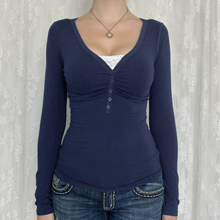 Fake Two-Piece V-Neck Pleated Long Sleeve Top