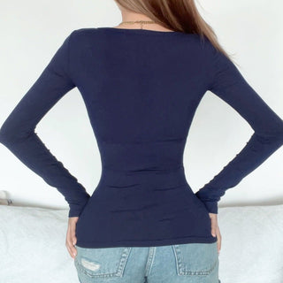 Fake Two-Piece V-Neck Pleated Long Sleeve Top