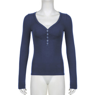 Fake Two-Piece V-Neck Pleated Long Sleeve Top