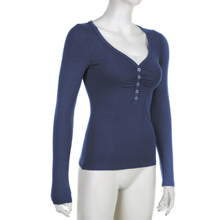 Fake Two-Piece V-Neck Pleated Long Sleeve Top