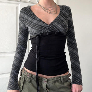 Plaid V-Neck Lace-Up Long Sleeve Top