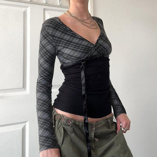 Plaid V-Neck Lace-Up Long Sleeve Top