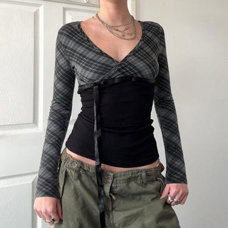 Plaid V-Neck Lace-Up Long Sleeve Top