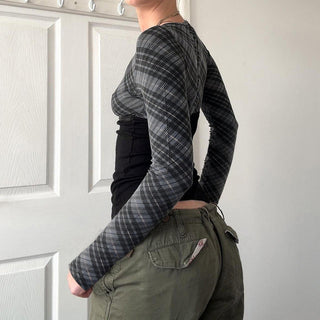 Plaid V-Neck Lace-Up Long Sleeve Top