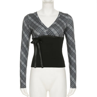 Plaid V-Neck Lace-Up Long Sleeve Top