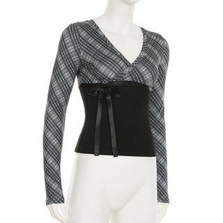 Plaid V-Neck Lace-Up Long Sleeve Top