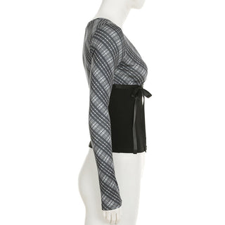 Plaid V-Neck Lace-Up Long Sleeve Top