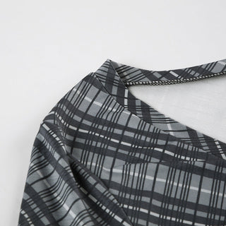 Plaid V-Neck Lace-Up Long Sleeve Top