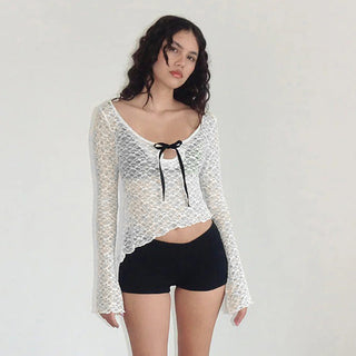 Slant-Cut Irregular Long Sleeve Lace Top