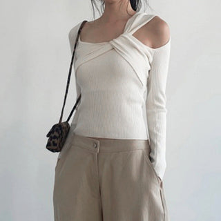 Asymmetric Off-Shoulder Knit Slim Top