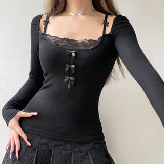 Cutout Lace Stitching Square Collar Top