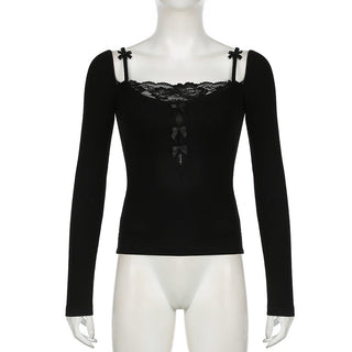 Cutout Lace Stitching Square Collar Top