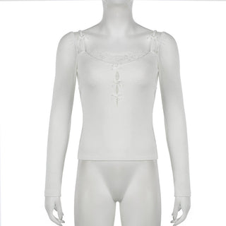 Cutout Lace Stitching Square Collar Top