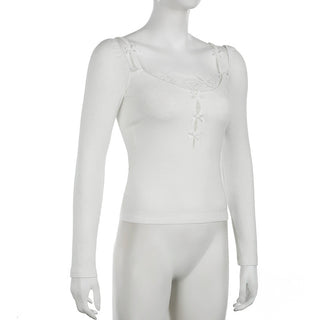 Cutout Lace Stitching Square Collar Top