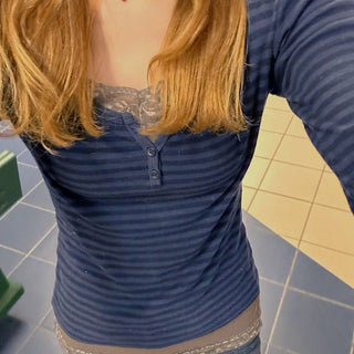 Retro Three-Button Striped Long Sleeve Top