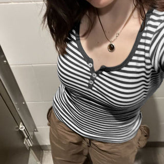 Retro Three-Button Striped Long Sleeve Top