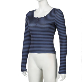 Retro Three-Button Striped Long Sleeve Top