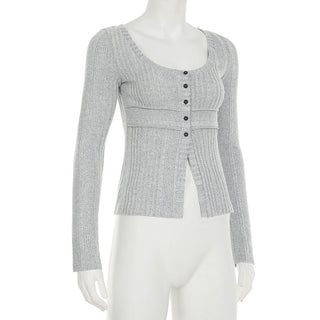 U-Collar Waist-Tight Button Cardigan Top