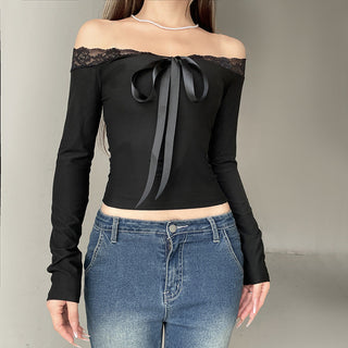 Lace Off-Shoulder Bow Long Sleeve Top