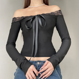 Lace Off-Shoulder Bow Long Sleeve Top