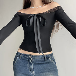 Lace Off-Shoulder Bow Long Sleeve Top