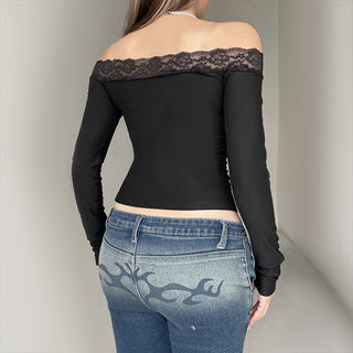 Lace Off-Shoulder Bow Long Sleeve Top