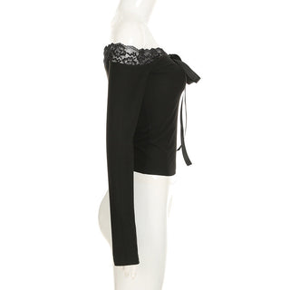 Lace Off-Shoulder Bow Long Sleeve Top