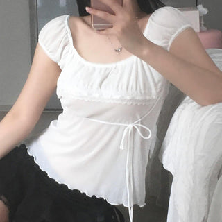 White Lace Bow Short Sleeve Top
