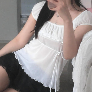 White Lace Bow Short Sleeve Top