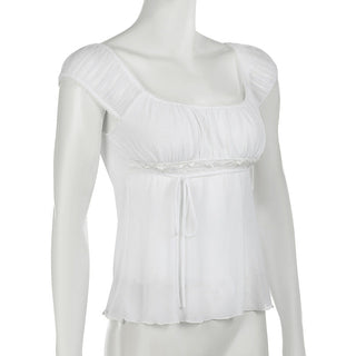 White Lace Bow Short Sleeve Top