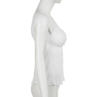 White Lace Bow Short Sleeve Top